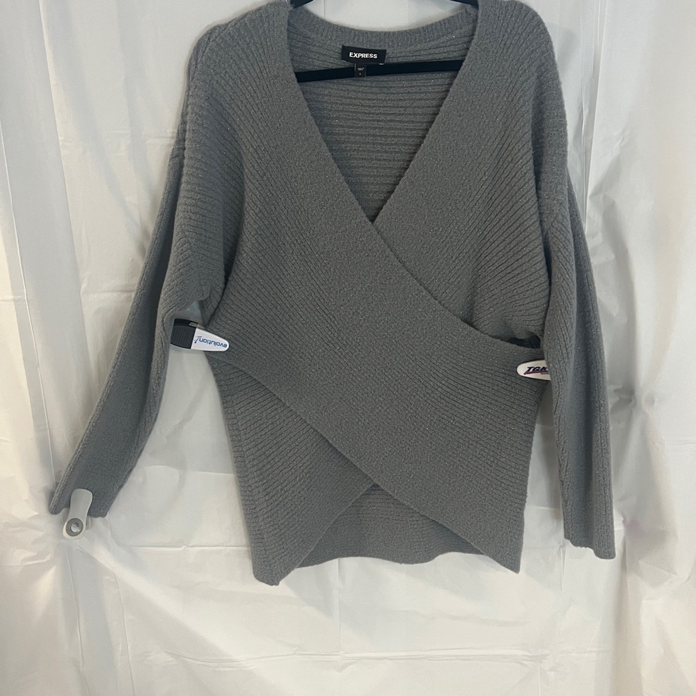 Express Gray V‑Neck Wrap Sweater